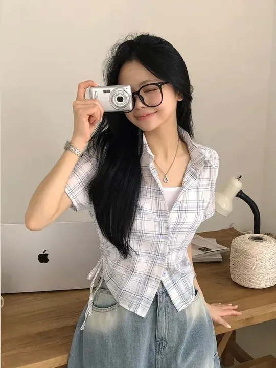 Blue Plaid Short Sleeve Shirt Women's Miniature Summer Korean Chic No Belt Waist Inward Shoulder Short Shirt Slim Fit