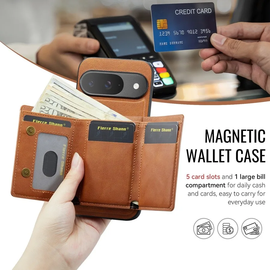 

Магнитный съемный кожаный чехол-кошелек Magsafe для телефона с беспроводной зарядкой для Google Pixel 7, 8, 9, 10, Pro XL, 7A, 8A, 9A