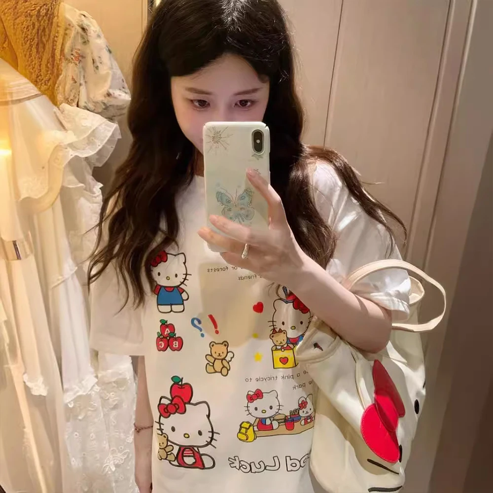 

Летняя женская футболка с рисунком Hello Kitty, большая белая футболка с короткими рукавами, повседневная модная свободная футболка с принтом в стиле Y2K