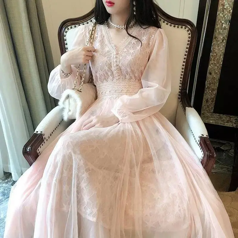 

2026 Spring Autumn Slim Fit Long Sleeved Gauze Maxi Dresses for Women Korean Fashion Elegant Fairy Dress Vintage White Dress Y2k