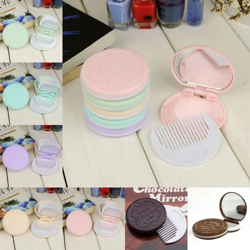 Mini 2 in 1 Comb Mirror Set Folding Comb Pocket Mirror Makeup Mirror with Comb Set Cute Portable Chocolate Cookie Shaped