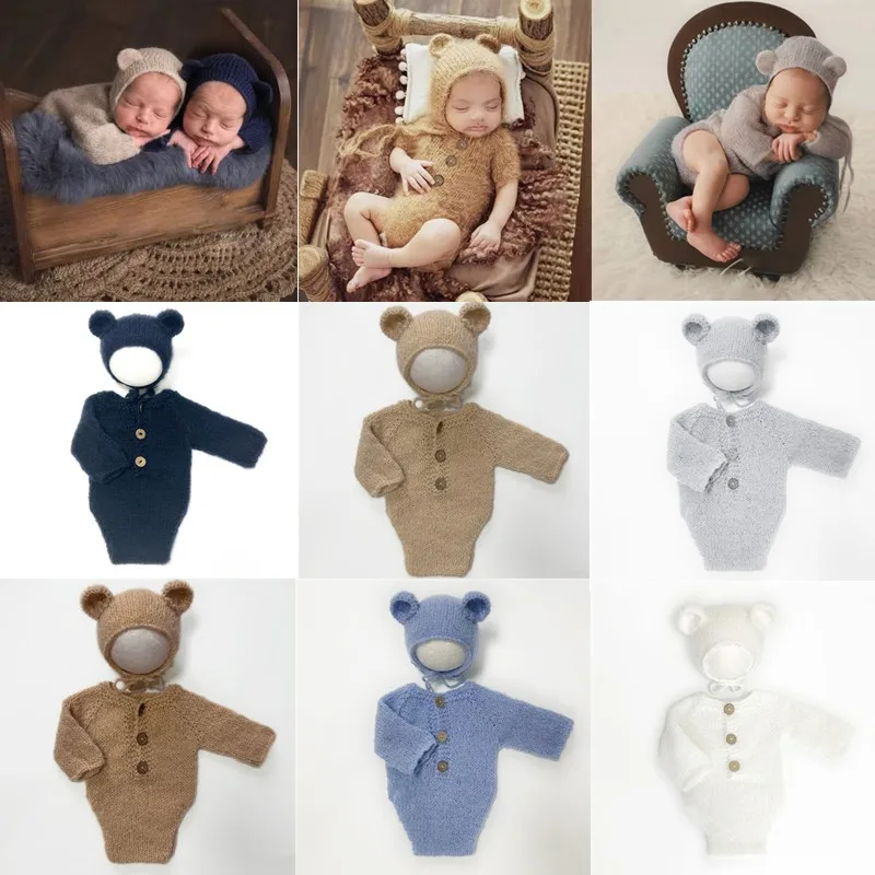 ❤️Newborn Photography Clothing Mohair Bear Hat+Jumpsuits 2Pcs/set Studio Baby Photo Prop Accessories Knitted Clothes Outfits