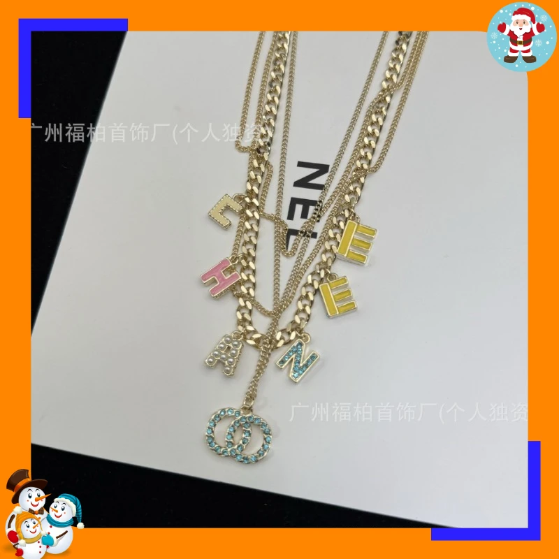 Color Enamel Multi-layer Fringed Word Buckle Double Letter Necklace Collarbone Chain High-end Sweater Chain