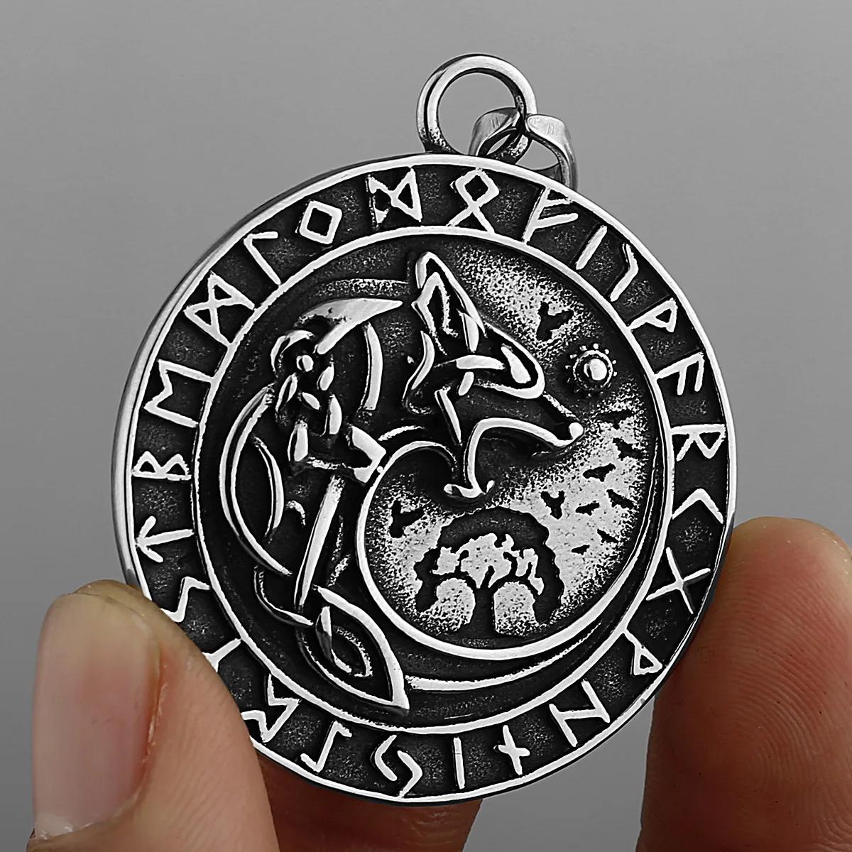 Stainless Steel Viking Fenrir Wolf Necklace Pendant Yggdrasil Double Sided Norse Runes Celtic Nordic Odin Scandinavian Viking