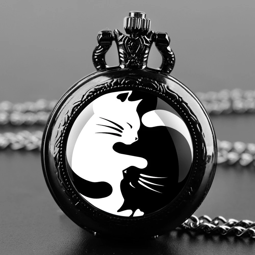 Black White Cats Design Glass Dome Quartz Pocket Watch With Durable Chain Arabic Numeral Dial For Men And Women Creative Gifts