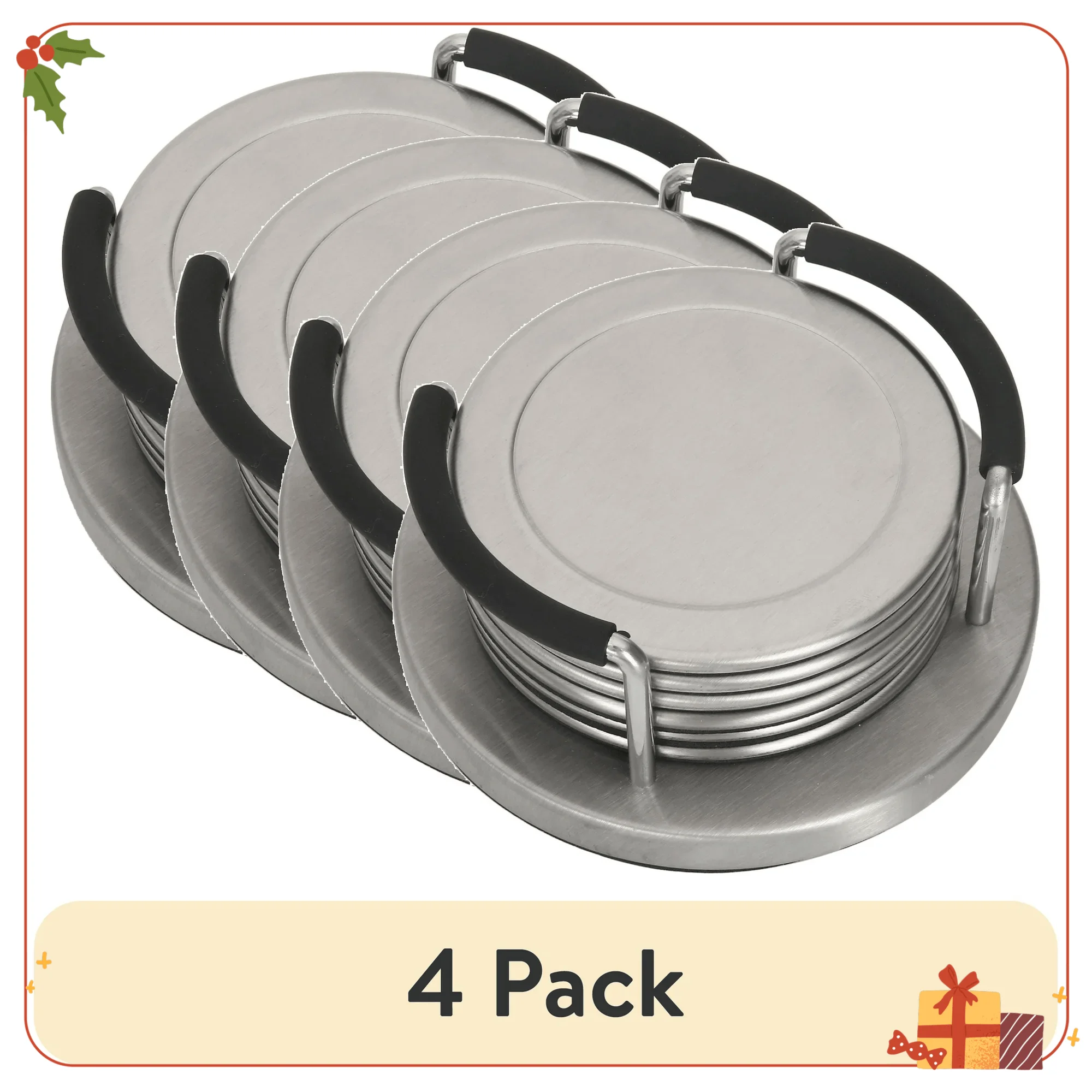 

4-Pack Stainless Steel Coaster Set with Holder, Modern Drink Protectors for Tables, Dishwasher Safe