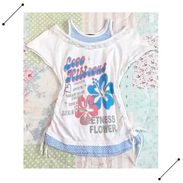 T shirt Women Kawaii Y2k Tops White Vintage Lace 2000s Korea Clothes Femme Cute Slim Sweet Girl Tee Harajuku Tshirts Graphic Tee