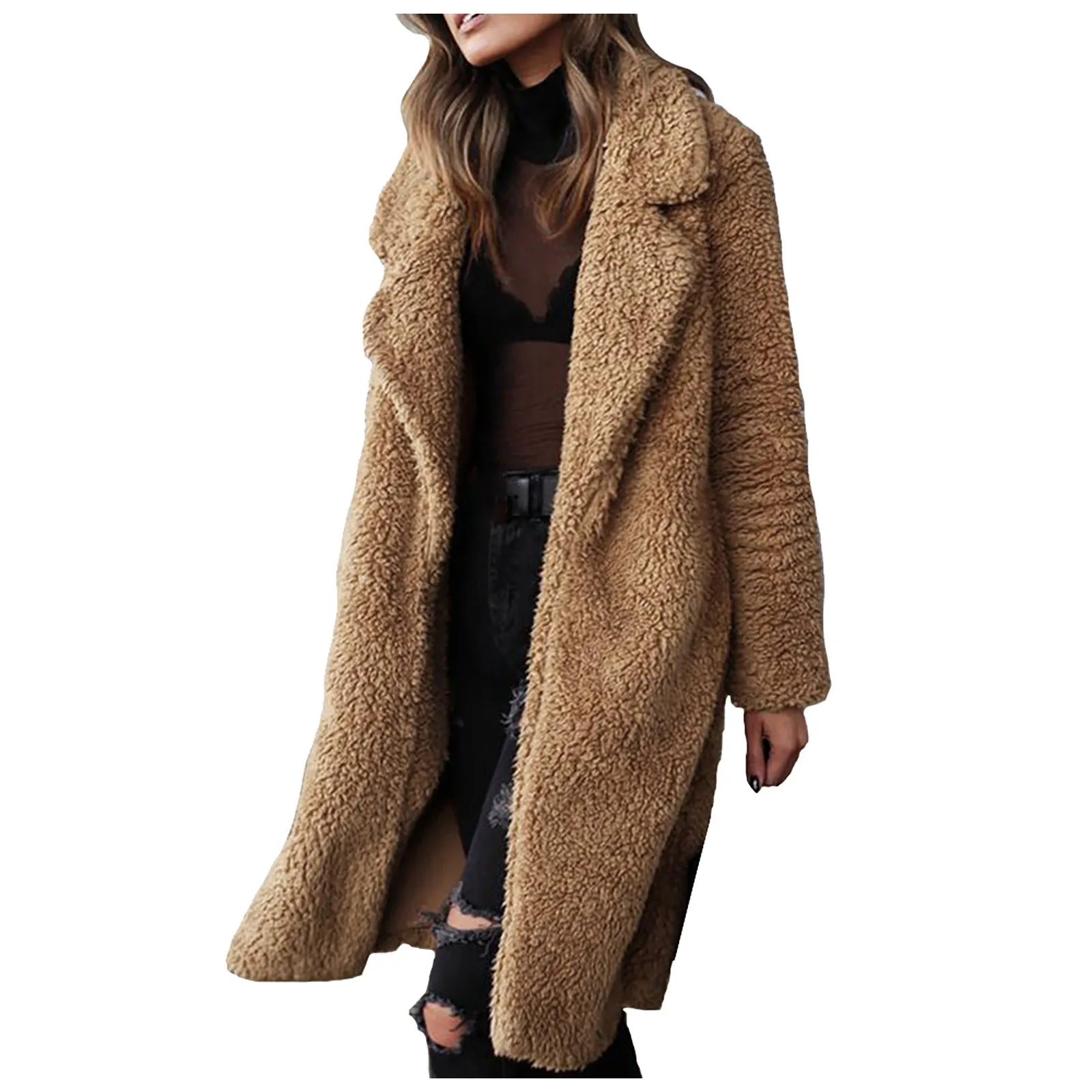 Womens Warm Plush Artificial Wool Coat Jacket Lapel Winter Outerwear Cardigan Sweatshirt Open Lapel Winter Coats