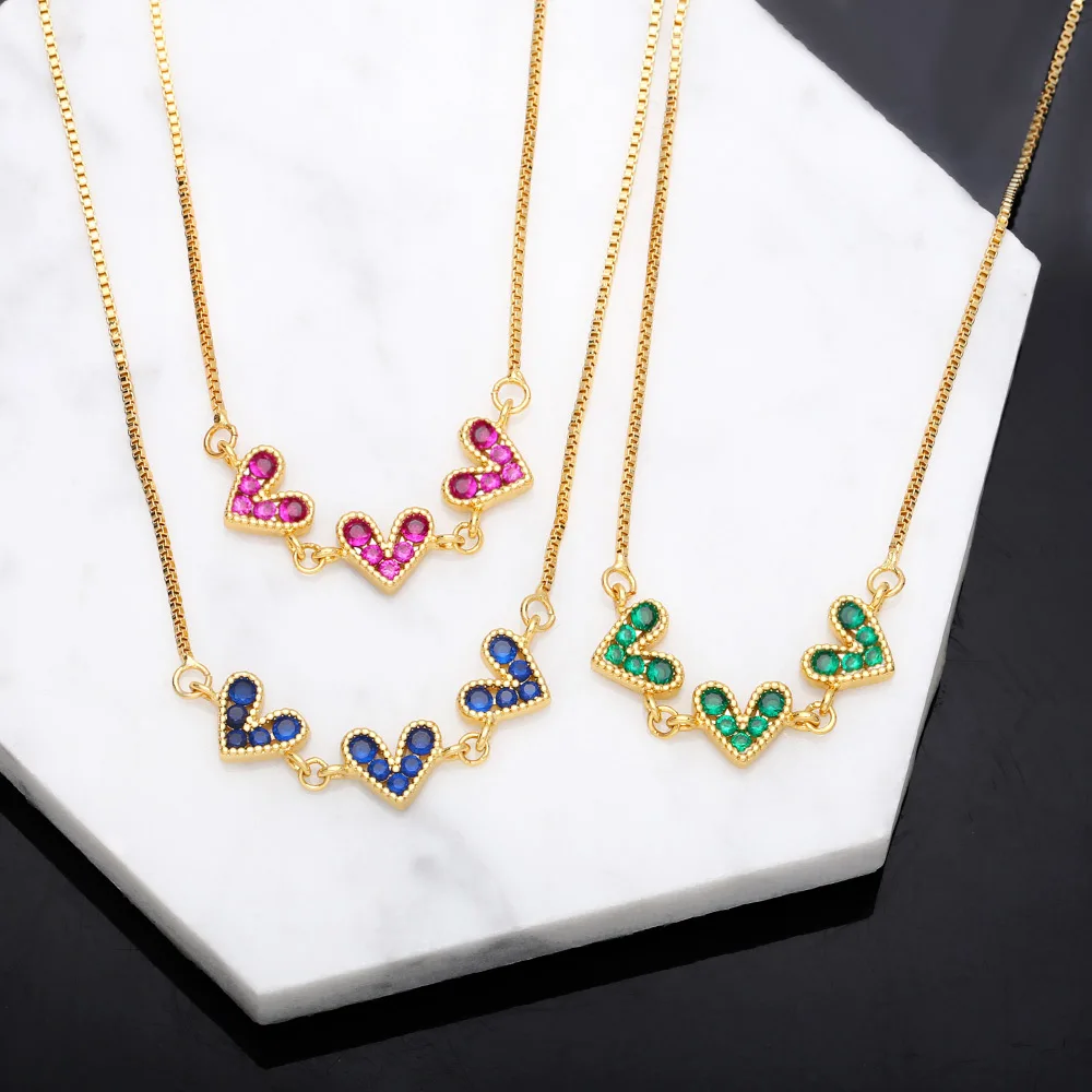 FLOLA Romantic Small Pink Heart Necklace for Women Girls Copper CZ Crystal Necklace Fashion Rainbow Jewelry Gifts hart nkeb199