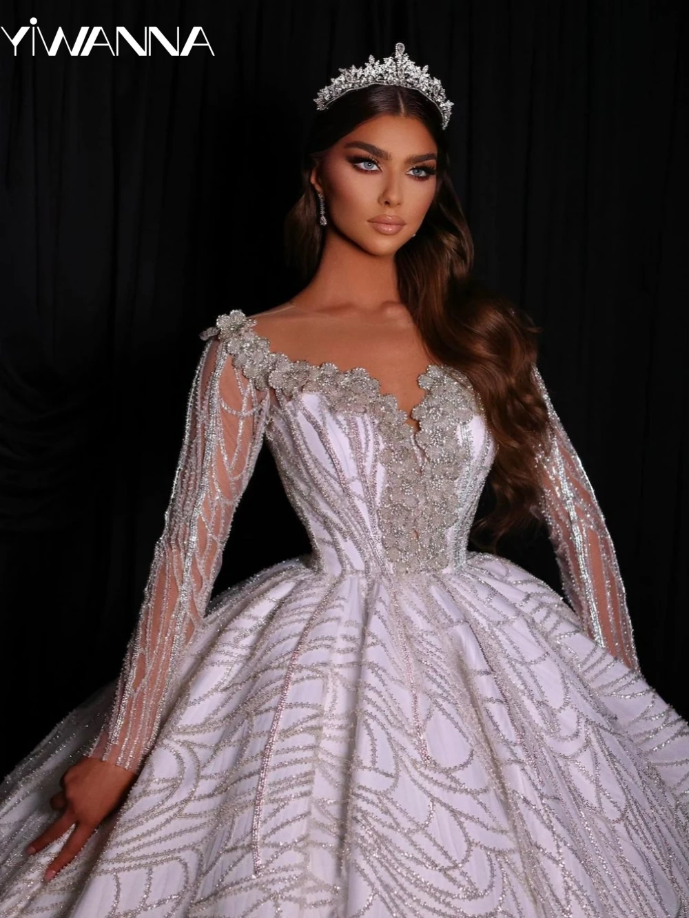 

Glitter Beaded Ball Gown Wedding Dress Luxury V-neck Long Sleeve Bridal Gown 2025 Customized Modest Dresses For Bride