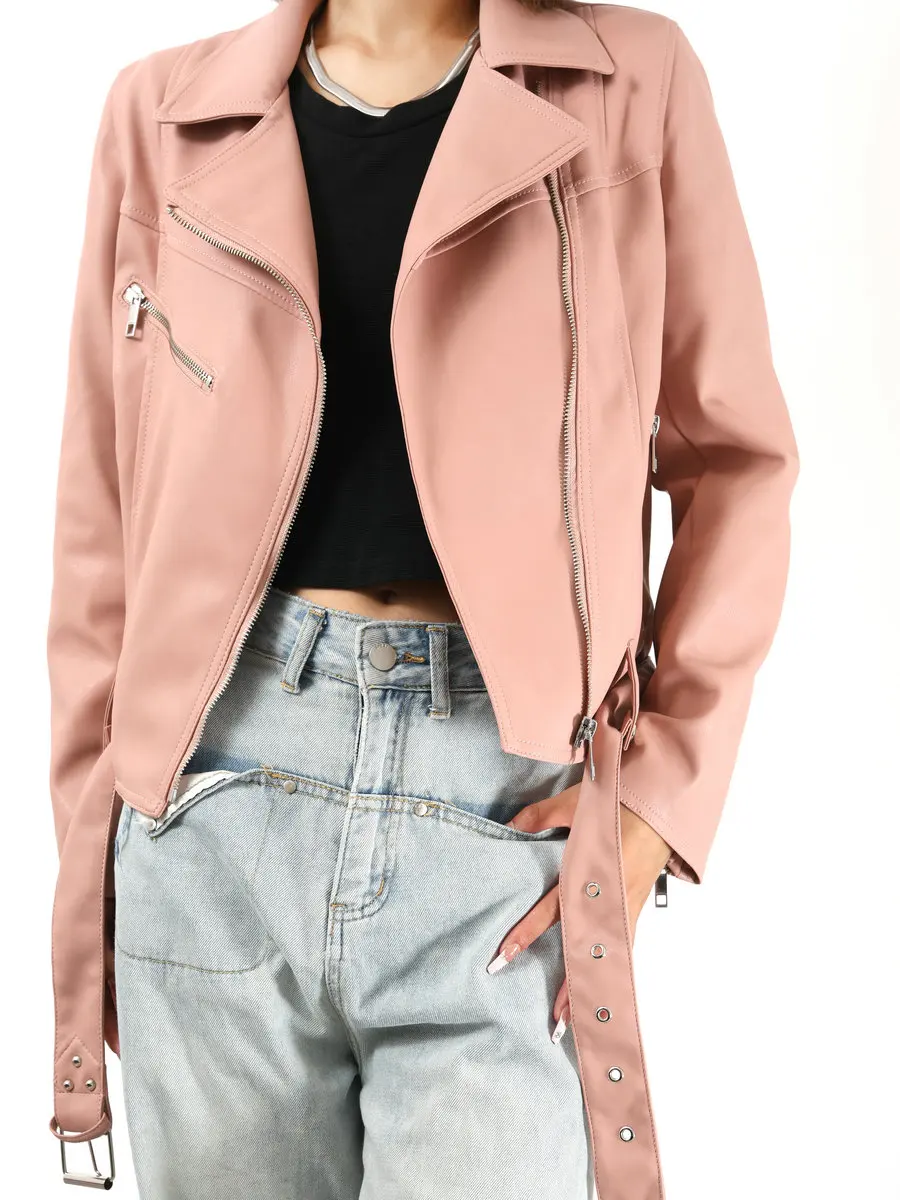 2025 femminile vintage elegante tasche cintura con cerniera vestibilità ampia streetwear cappotti top donna retrò rosa ecopelle PU giacche corte