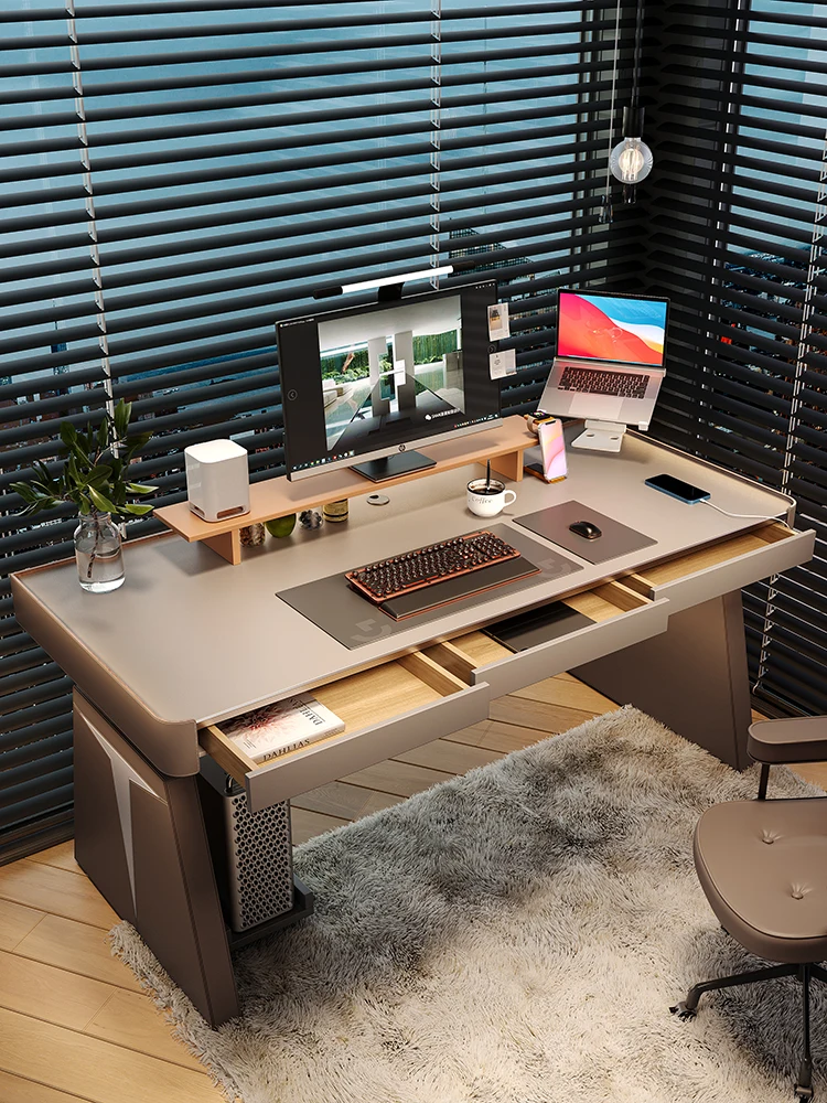 Electric adjustable computer desk solid wood saddle leather desk slate designer desk