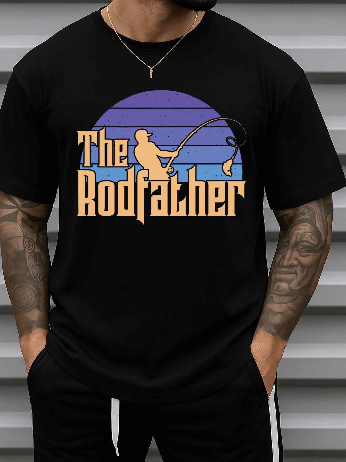Men's Fun Fishing Pattern T-Shirt - Fishing Dad Design - T-Shirt - Black Shirt with Purple-Pink Gradient - Machine Washable Casual Crew Neck - Fishing Trip Gift for Dad, Husband, Fishing Enthusiasts - All-Season Casual Wear
