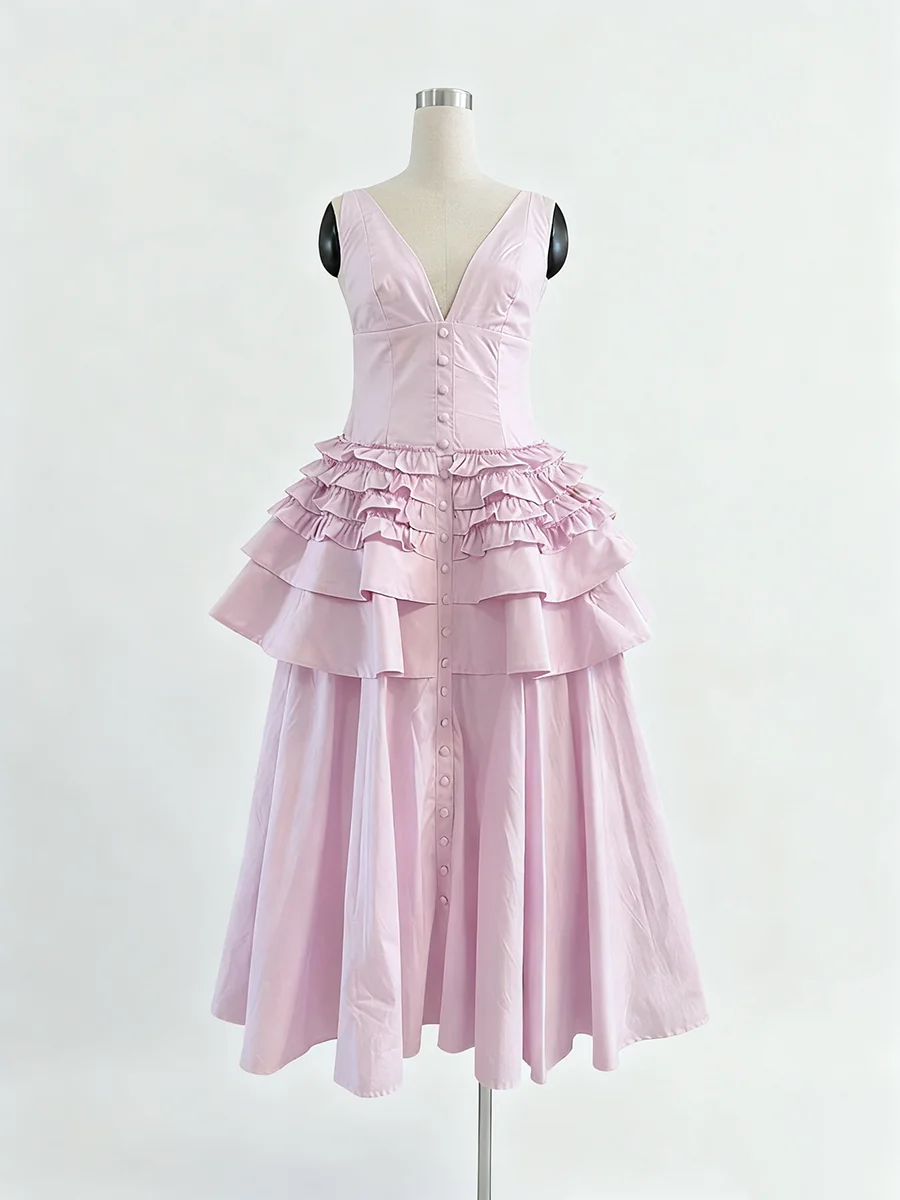 TWOTWINSTYLE الصلبة تقسم الكشكشة طيات فساتين طويلة أنيقة للنساء الخامس الرقبة أكمام تونك المرقعة أزرار فستان الإناث