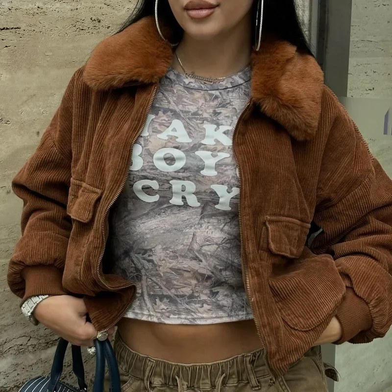 2025 Fall Winter Vintage Brown Corduroy Jackets Women Fashion Furry Turn Down Collar Long Sleeve Zipper Pockets Cargo Coats