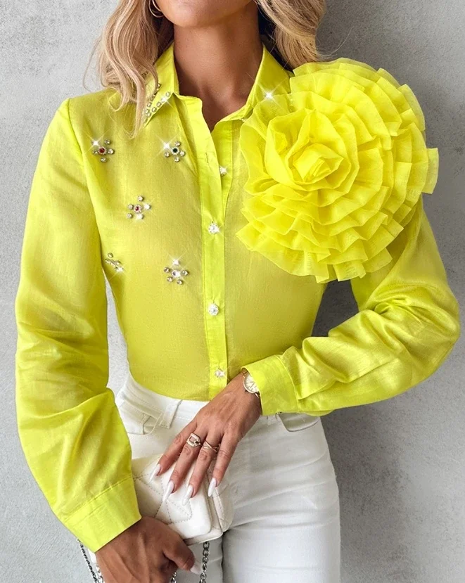 

Fashion Woman Blouse Spring Rose Detail Rhinestone Single Breasted Casual Plain Turn-Down Collar Long Sleeve Daily Shirt Top