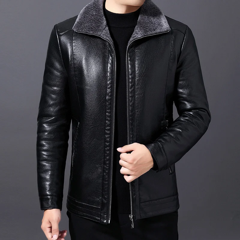 Leather Jacket Men Winter Clothing PU Clothes Male Plush Thick Warm Lapel Casual Men's Wear Abrigos FCY