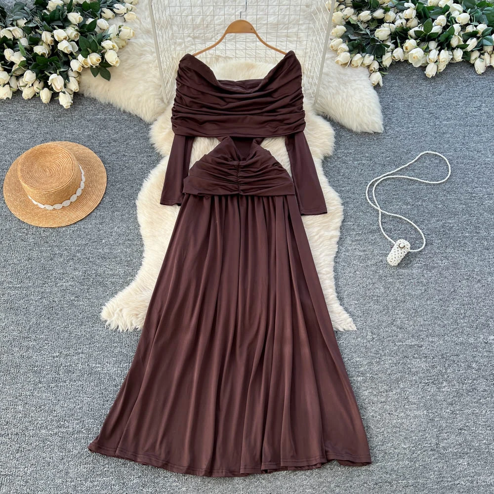 فساتين TWOTWINSTYLE المثيرة للتخسيس طيات للنساء رقبة مائلة وأكمام طويلة وخصر عالي فستان أنيق متين جديد KDR555304 #2