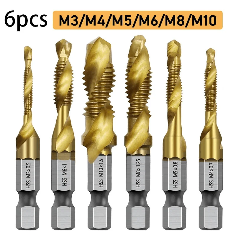 6-Piece Titanium Plated HSS Tap Drill Bits - Durable High-Speed Steel Construction for Precision Screw Threading and Machine Com