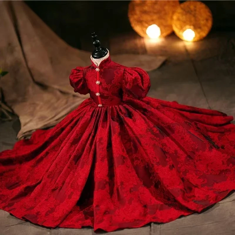 

2026 Elegant Girl Dresses New Puff Sleeves Long Ball Infant Kid Clothes Gowns Young Children VintageYears Girls Floral Red Dress
