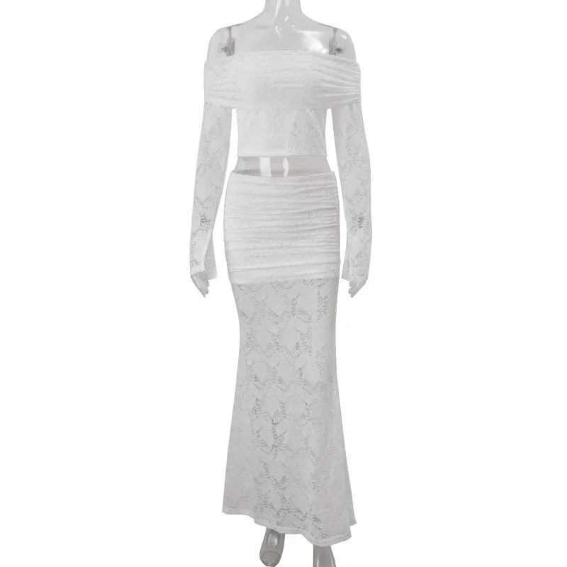 Women Elegant Sexy White Lace 2 Piece Set Lapel Slash Neck Off Shoulder Long Sleeve Crop Tops + Ruched Mermaid Maxi Skirts Suits
