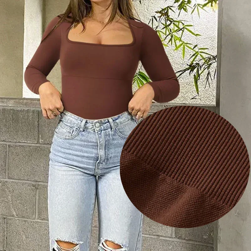 Dimmkof Square neck Thong Bodysuits Long Sleeve Shapewear Thong Butt Lifting Bodysuit Compression Body Shaper Tops Open Crotch