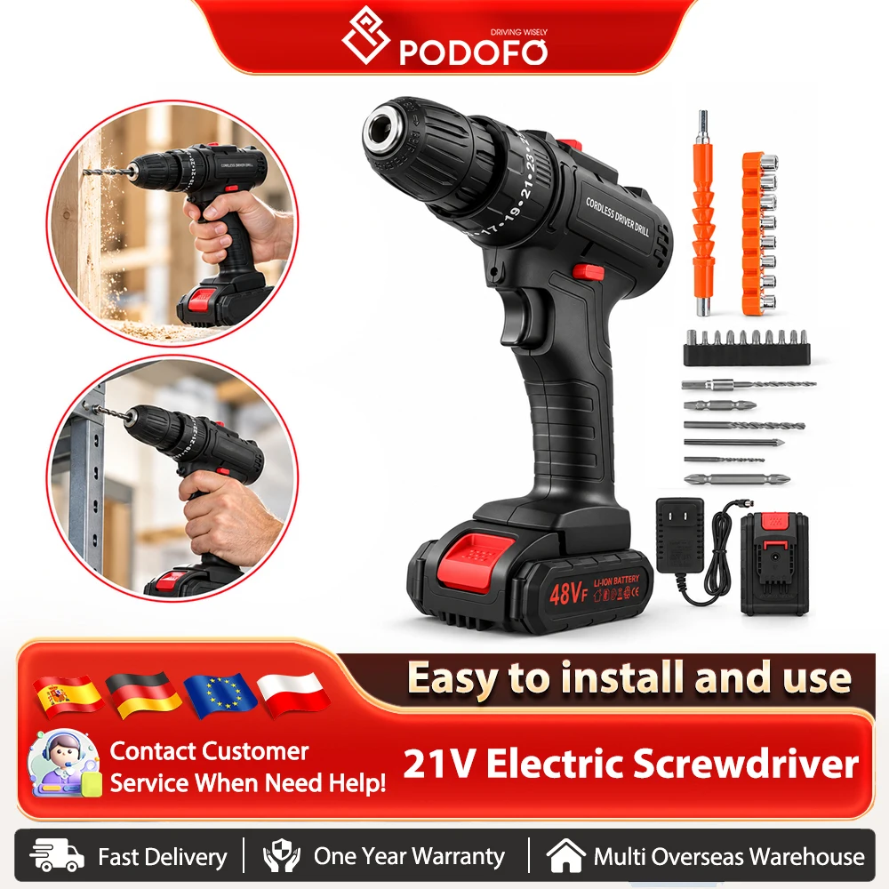 Trapano a percussione senza fili Podofo, avvitatore elettrico, trapano a percussione elettrico con 2 batterie, 25+1 livelli di regolazione della coppia, 28 accessori, utensili elettrici a batteria per