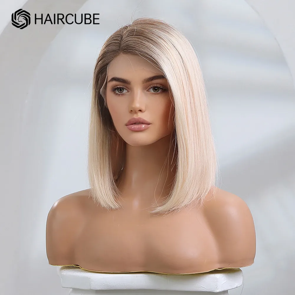 14Inch Lace Front Human Hair Wig Ombre Light Blonde Cosplay Party Human Hair Wig for Women 100% Remy Human Hair Wigs T Part Lace