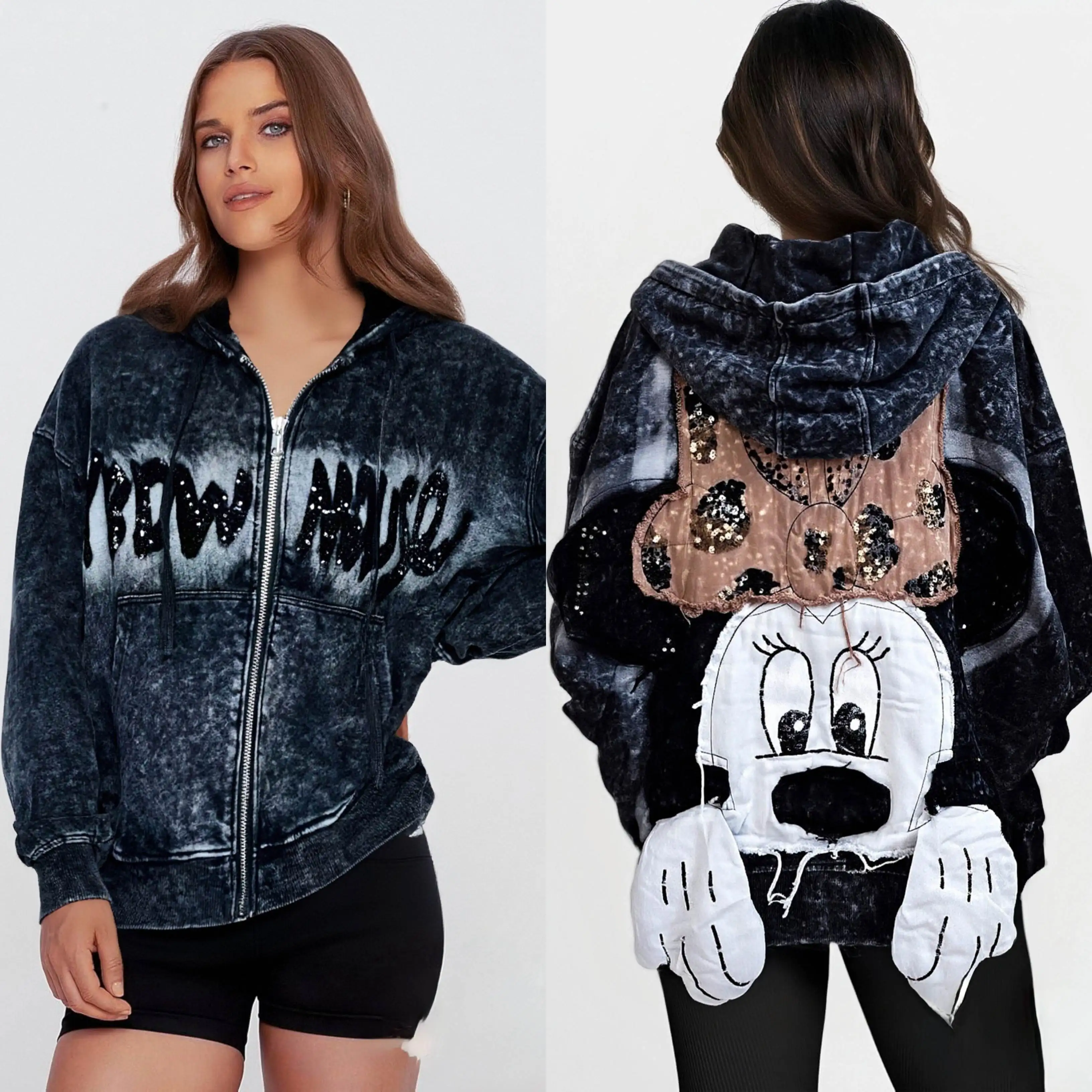Sudaderas con capucha para mujer europea y americana con estampado de dibujos animados, bordado de lentejuelas vintage de industria pesada, chaqueta holgada con cremallera