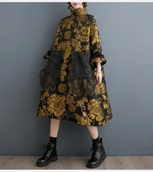 Oversized Autumn Winter Midi Dress Women Patchwork Fashion Chinese Style Flower Ladies Dresses Pleated Loose Woman Dress 2024