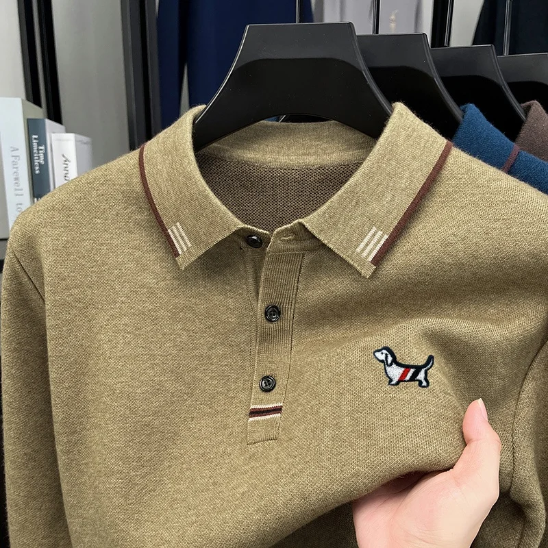 Neues Herbst-Polohemd mit bequemem Schnitt und Print für Herren, Original, hält warm, einfarbiges Langarm-T-Shirt, lässige Herrenbekleidung für den Alltag. – Detail 4