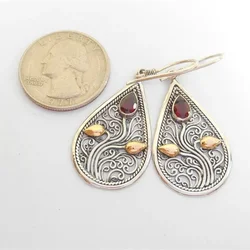 Vintage Water Droplets Carving Hollow Tree Earrings Ethnic Silver Color Metal Inlaid with Red Zircon Dangle Earrings Jewelry
