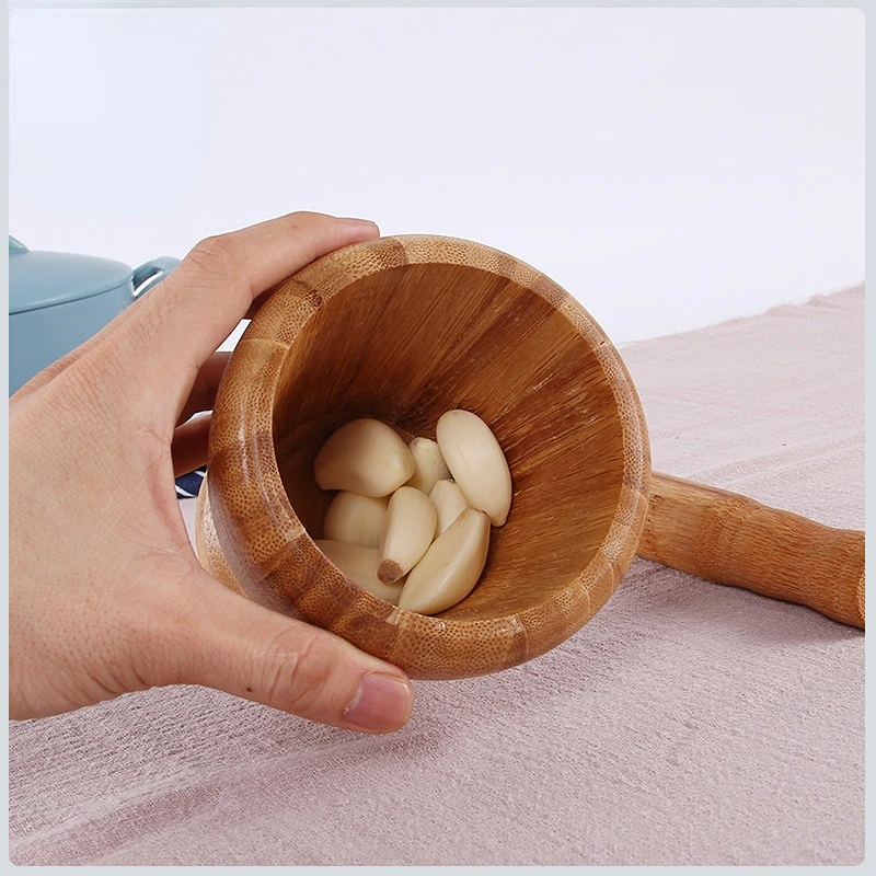 Bamboo Wood Mortar and Pestle Set with Lid Spoon Grinder Press Crusher Masher for Pepper Garlic Herb Spice Kitchen Gadget Sets