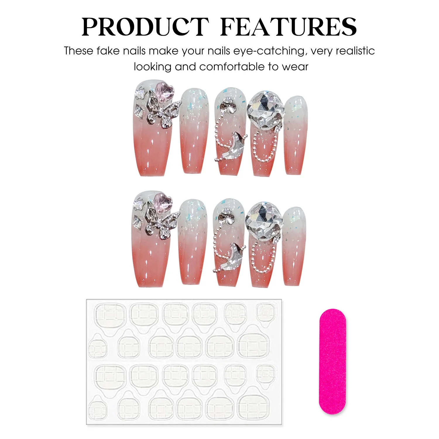 10pcs Handmade False Nails Glitter Butterfly Diamond Decor Full Cover Long Ballet Fake Nails Sequin Gradient Pink Press On Nails