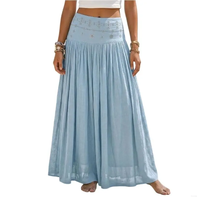Skirts for Women Linen Maxi Skirt Flowy Pleated Skirt A-Line Beach Skirts Bohemian Resort Wear 6XDA