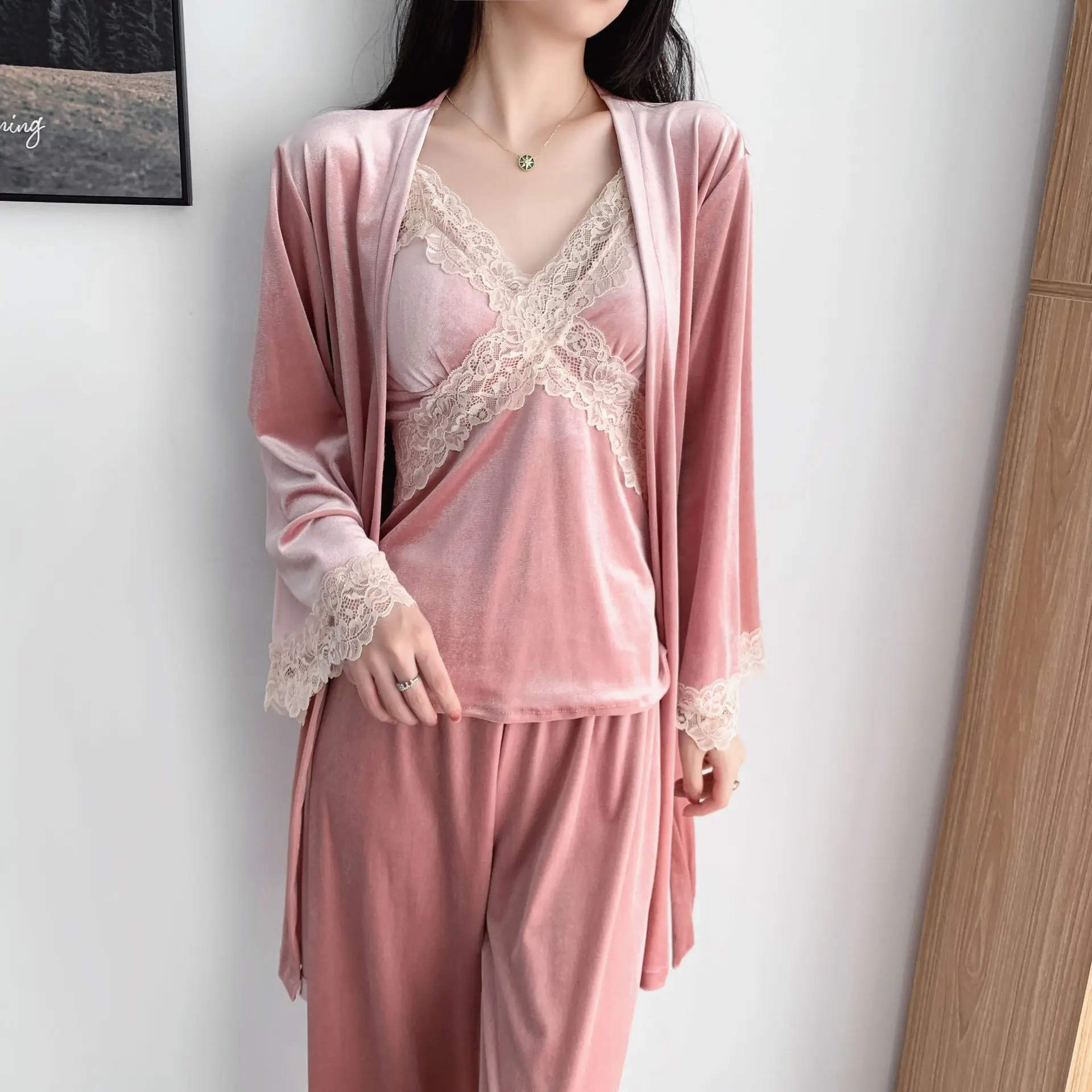 New Autumn Velvet 3PCS Pajamas Set Sleepwear Sexy Lace Trim Bath Robe Nightgown Loose Casual Velour Home Clothes Loungewear