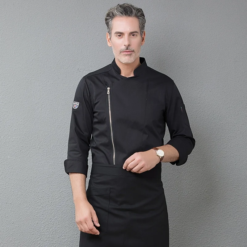 Jaqueta Chef profissional com design Zipper, mangas compridas, homens e mulheres