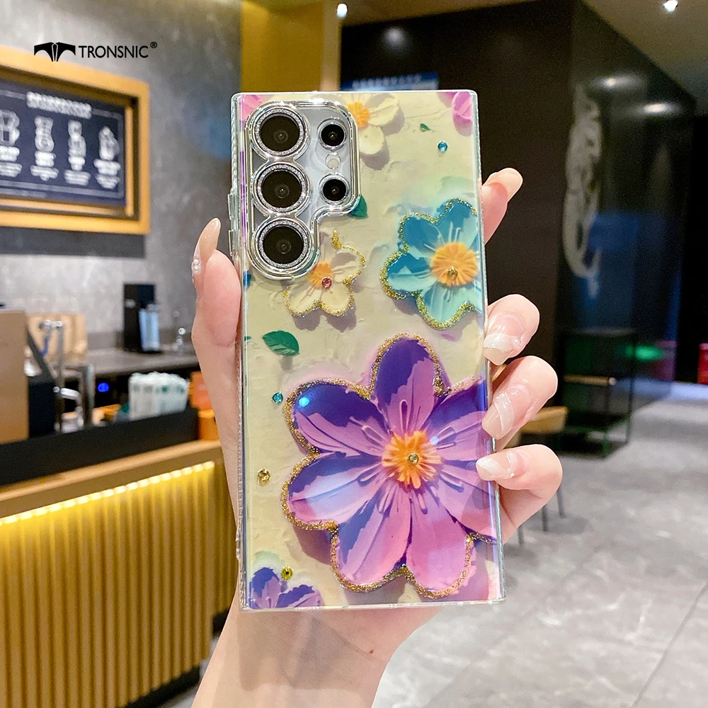 Flower Luxury Phone Case for Samsung Galaxy S24 S23 S22 S21 Ultra Plus Soft Glossy Silicone Blue Pink Floral Purple Cover Sliver