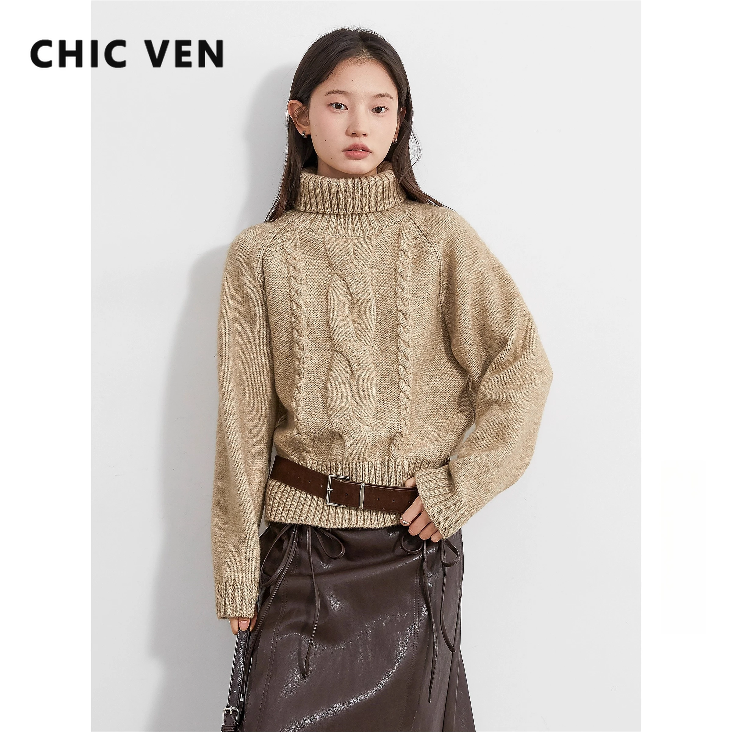 

CHIC VEN Women Turtleneck Sweaters Solid Loose Casual New Vintage Cable-Knit Jumpers Female Top Pullovers Autumn Winter 2025