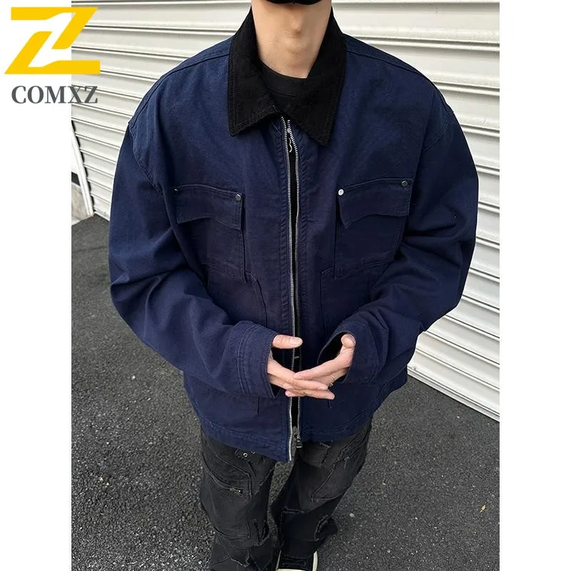 COMXZ Washed Denim Jacket Y2K American Zipper Stitching Flanging Design Streetwear Korean High Street Oversized Men Windbreaker