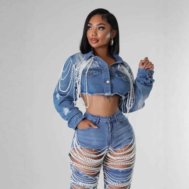 

Coat Women Denim Short Coats Turn Down Collar Pearls Jackets Button Full Sleeve Vintage Beaded Y2k Streetwear Casual 2026 Summer