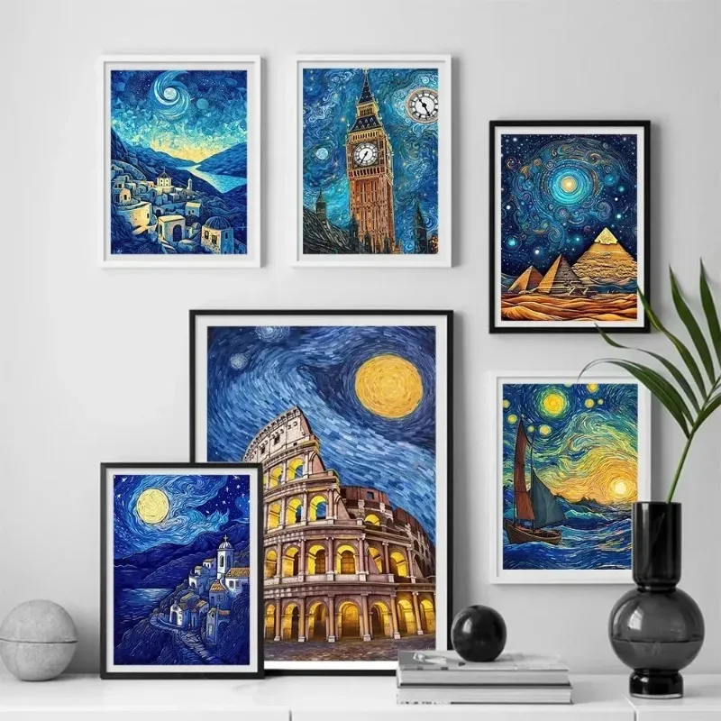 Современный стиль Ван Гог Звездная ночь Художественная табличка с принтом на холсте без рамы Идеально подходит для декора ком...