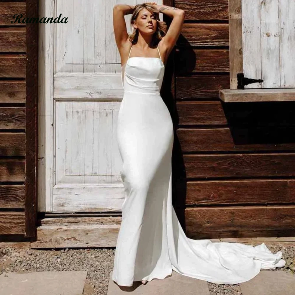 Ramanda elegante alças de espaguete vestido de casamento sem costas gola quadrada vestidos de noiva arco princesa vestido de noiva personalizado