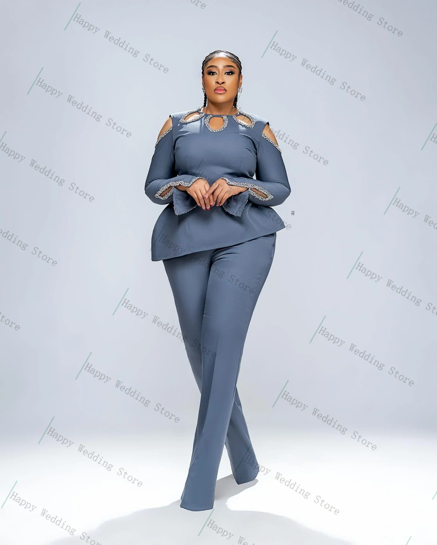 

Grey Women Suit Set 2 Piece Blazer+Pants Trousers Cotton Crystals Sexy Hollow Formal Office Lady Customized Wedding Wear