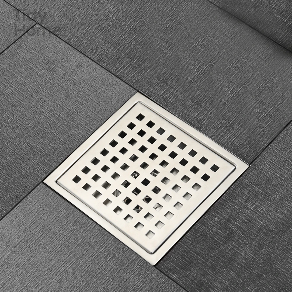 

6 Inch Square Shower Floor Drain, Grid design and square drainage cover promote smooth water flow,for bathroom, kitchen, garage