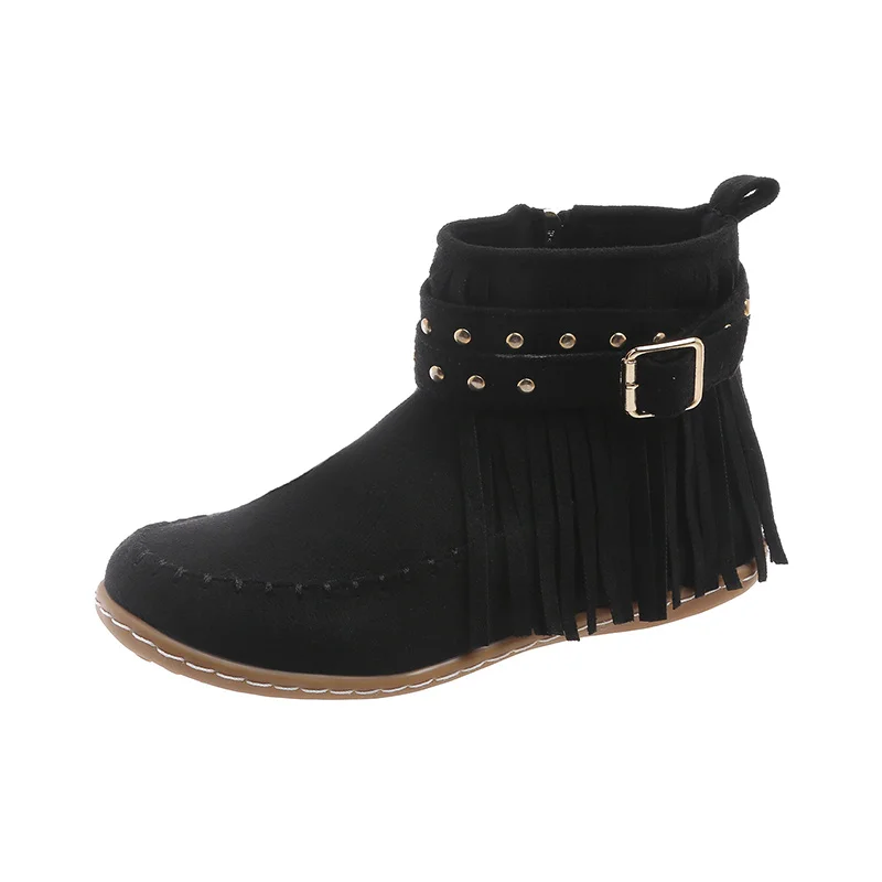 Bohemian Style Tassels Ankle Boots Women Retro Faux Suede Buckle Strap Short Boots Woman Plus Size 43 Flat Heels Western Botas