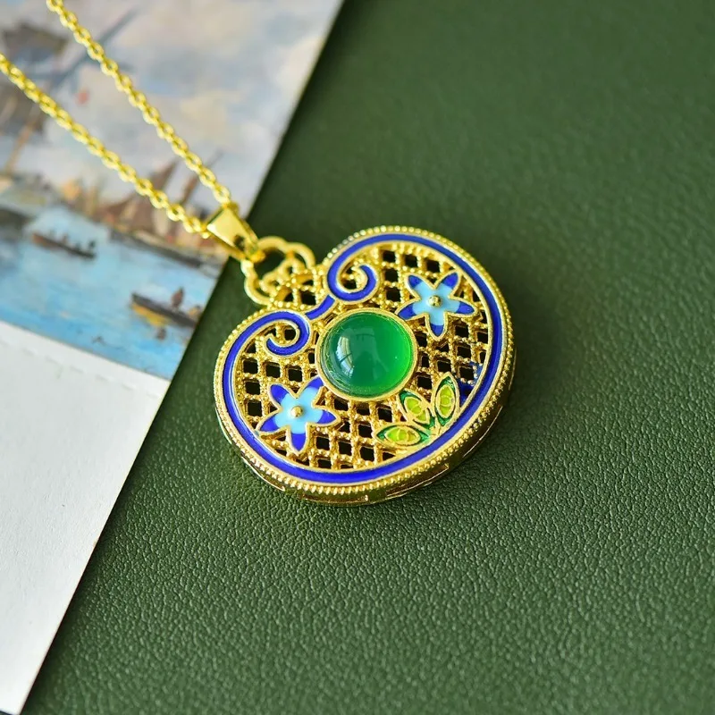 Copper Inlaid Chalcedony Round Drum Surface Ruyi Lock Enamel Hollow Pendant Exquisite Fashion New Chinese Women's Necklace