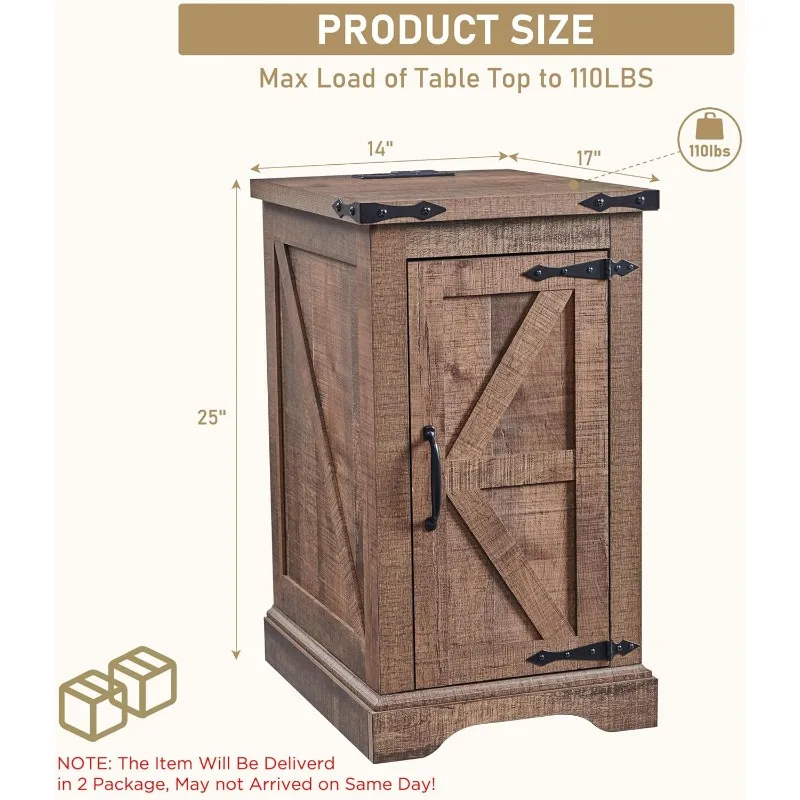 Bauernhaus-Nachttisch im 2er-Set mit Ladestation, rechteckiger 17-Zoll-Tisch mit Scheunentür und verstellbarem Stauraum S
