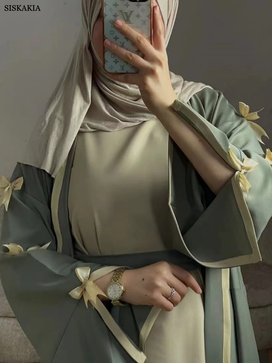 

Siskakia новый Дубайский бант с открытым поясом из абая в комплекте, мусульманский кафтан с раздельными рукавами, халат Femme Musulmane 2025