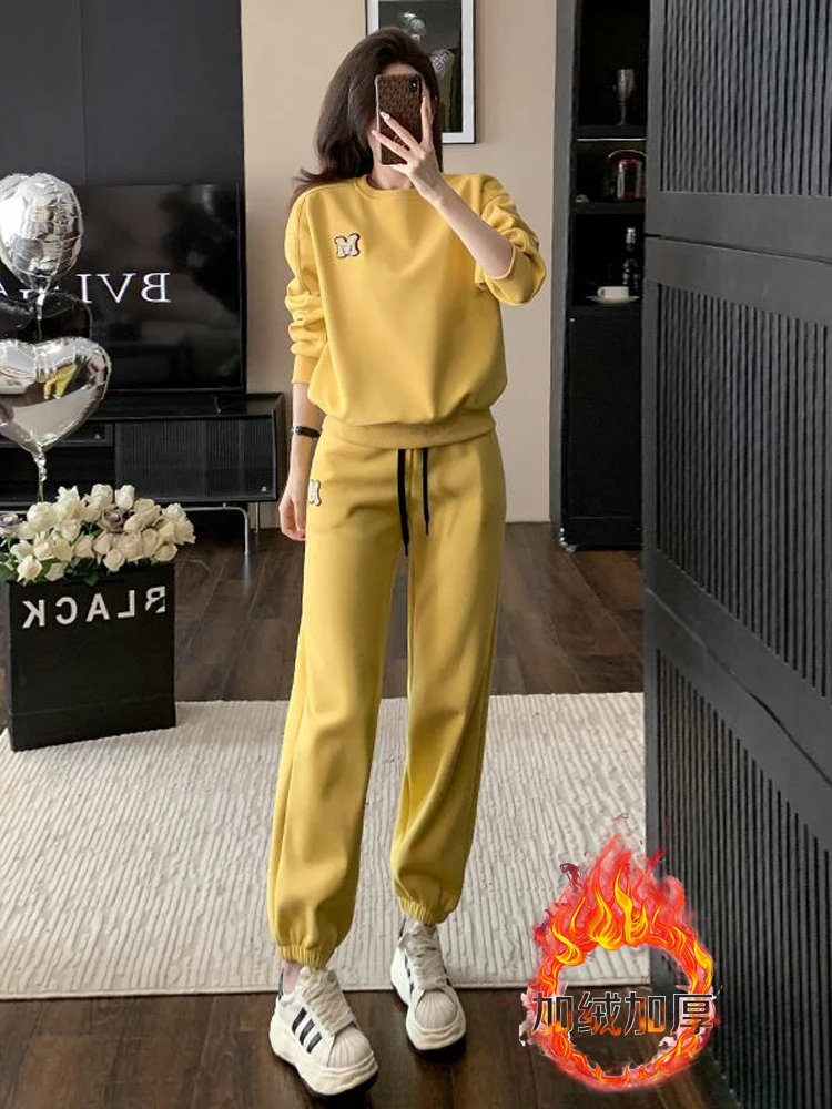 

Faionable Casual Sportswear Set Women's Autumn Winter round Ne Sweatirt Trousers Two-Piece Set Loose Fit Student School...